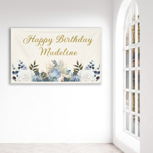 Banderoles Dusty Bleu Blanc Floral Or Joyeux Anniversaire Nom