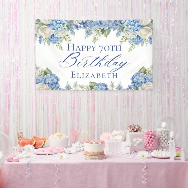Banderoles Dusty Blue Hydrangea Fleurs Roses Joyeux anniversa (Fête)