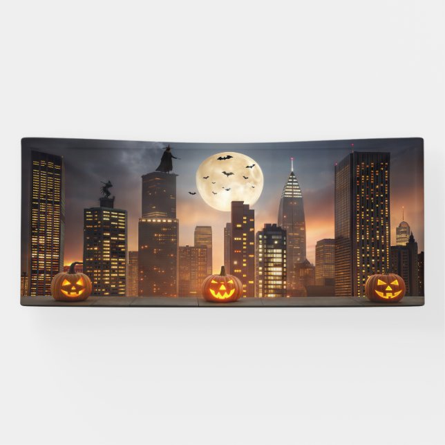 Banderoles Éffrayante ville nocturne d'Halloween avec Citroui (Horizontal)