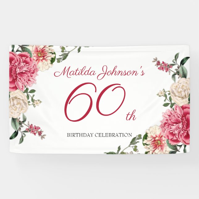 Banderoles Élégant 60e anniversaire rose blanc floral botaniq (Horizontal)