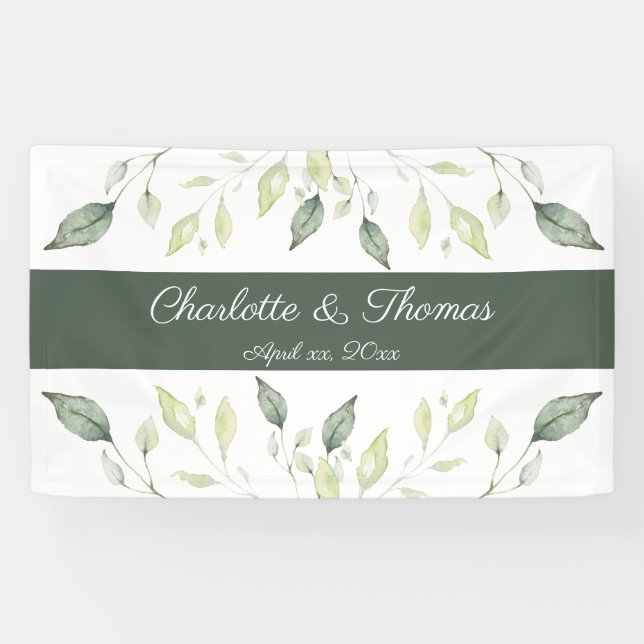 Banderoles Elégant Aquarelle douce Mariage Feuille vert (Horizontal)