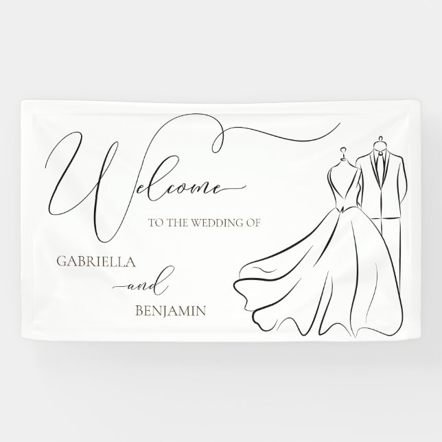 Banderoles Elégant B&W Tux & Robe Mariage Bienvenue (Horizontal)