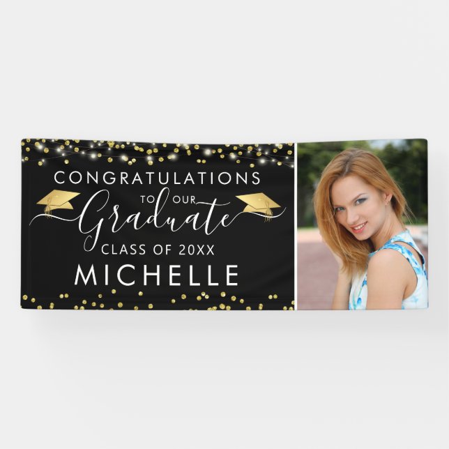 Banderoles Élégant Black Gold Script photo Graduation (Horizontal)
