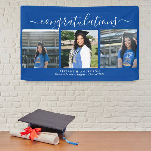 Banderoles Élégant Bleu et Blanc Script Graduation Photo