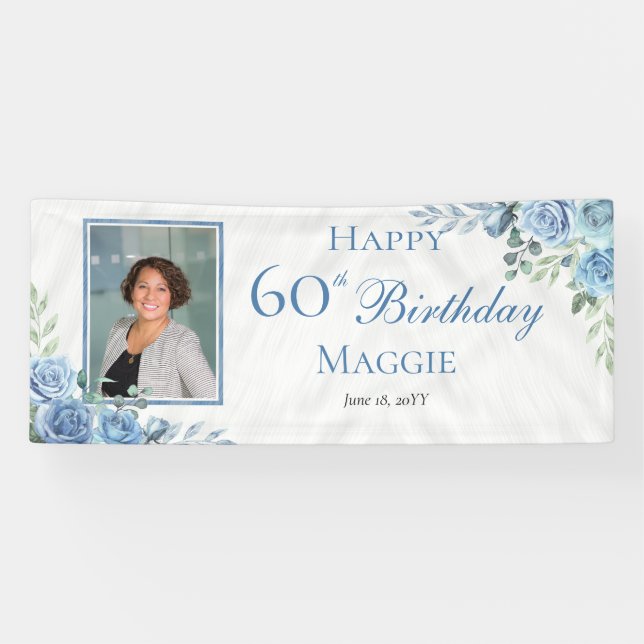 Banderoles Elégant cadre Floral Rose Bleu 60ème anniversaire  (Horizontal)