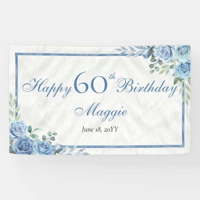 Banderoles Elégant cadre Floral Rose Bleu 60ème anniversaire  (Horizontal)
