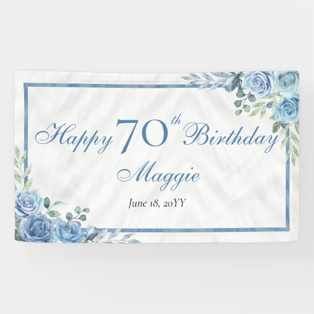 Banderoles Elégant cadre Floral Rose bleu 70e fête d'annivers (Horizontal)
