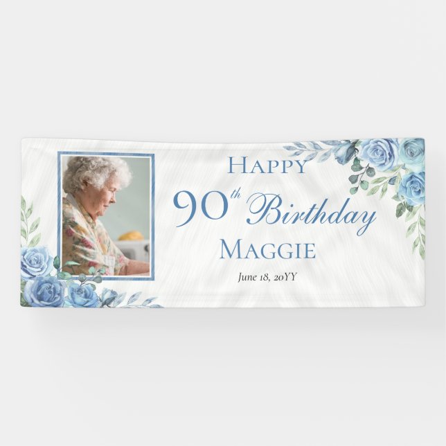 Banderoles Elégant cadre Floral Rose bleu 90e fête d'annivers (Horizontal)