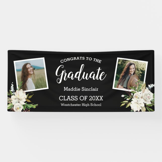 Banderoles Elégant Deux Photo Floral Graduation Noir (Horizontal)