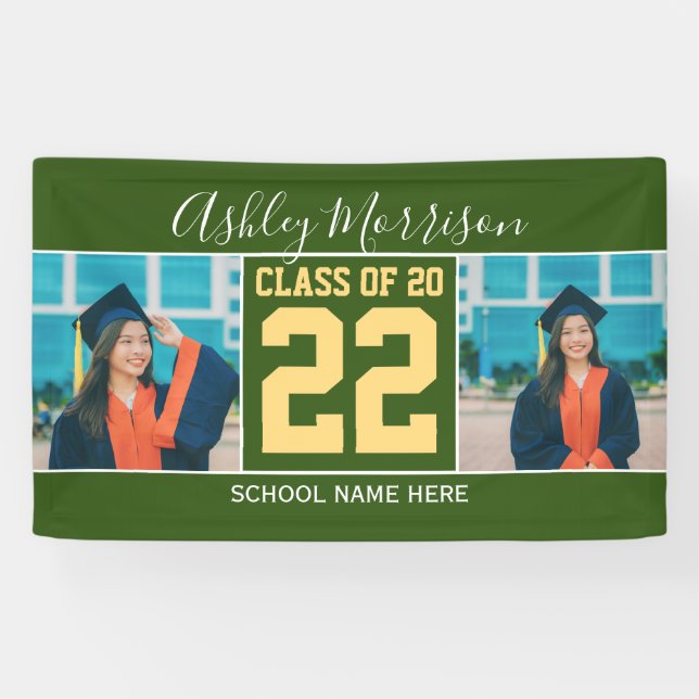 Banderoles Elégant Forest Green & Gold Graduation Photo (Horizontal)