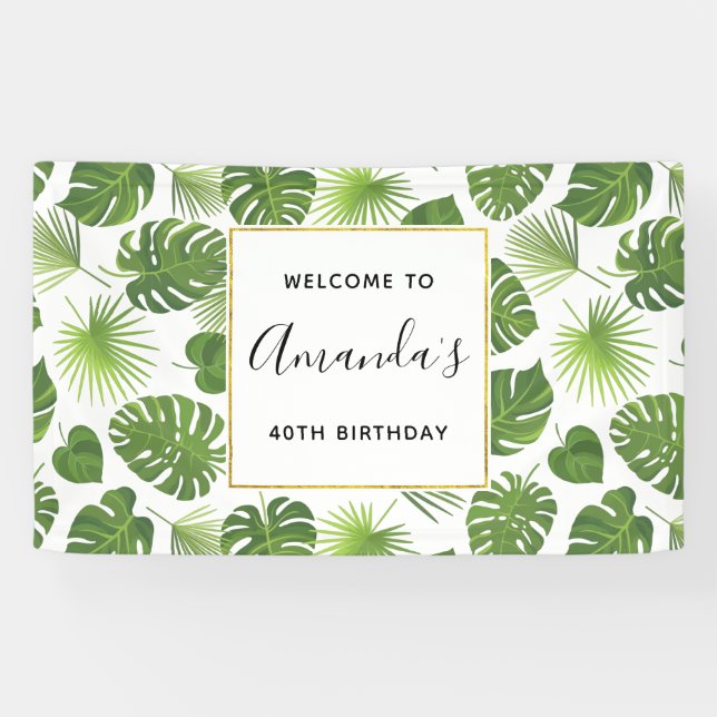 Banderoles Elégant Green Tropical Feuille Motif Anniversaire (Horizontal)