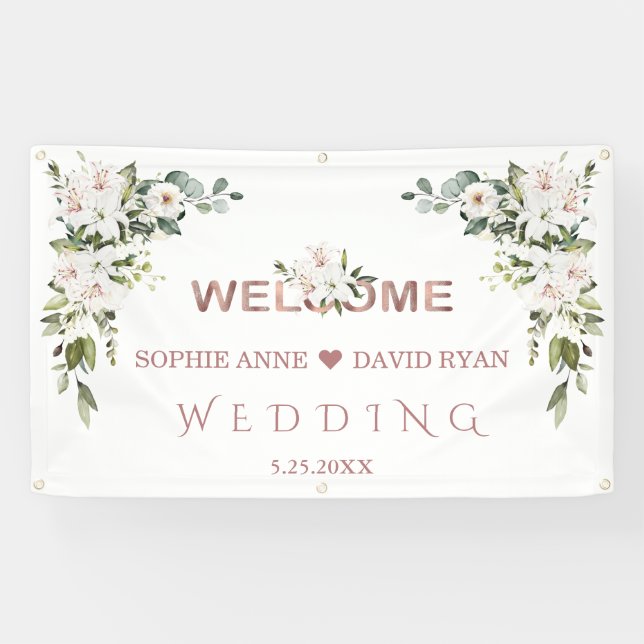 Banderoles Élégant Lys blancs Mariage Affiche de bienvenue or (Horizontal)