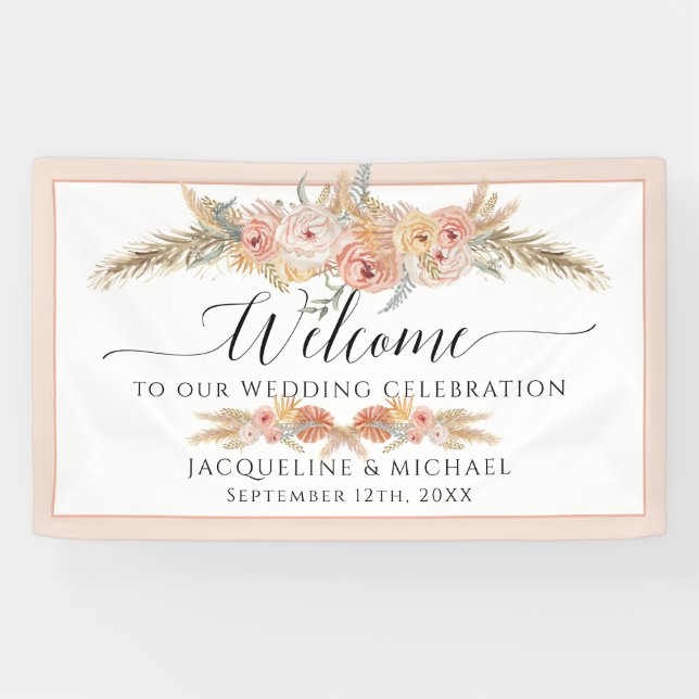 Banderoles Élégant Mariage de Pampas de Pêche Florale Tropica (Horizontal)