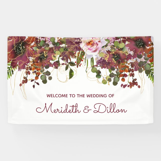 Banderoles Élégant Mariage floral or rose de Bourgogne (Horizontal)