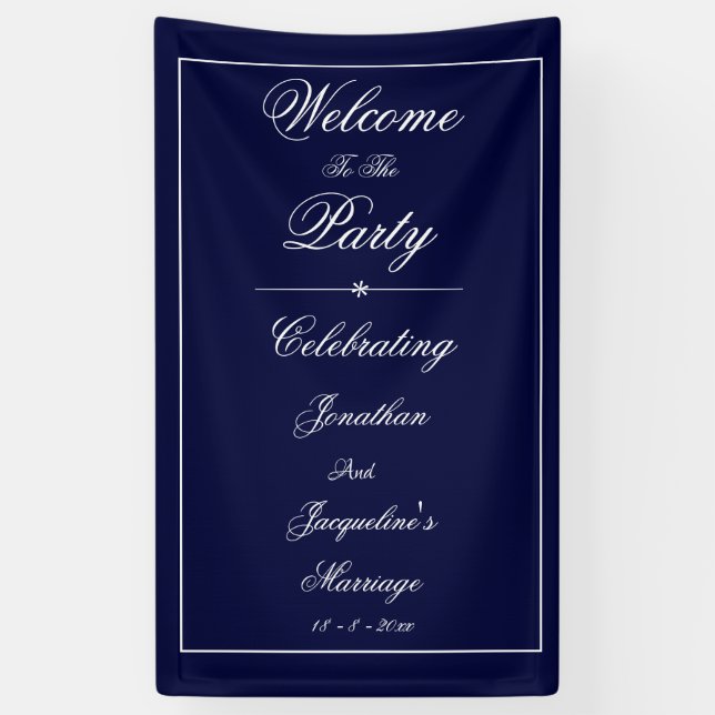 Banderoles Elégant Mariage Personnalisé Noms Marine Bleu Bien (Vertical)