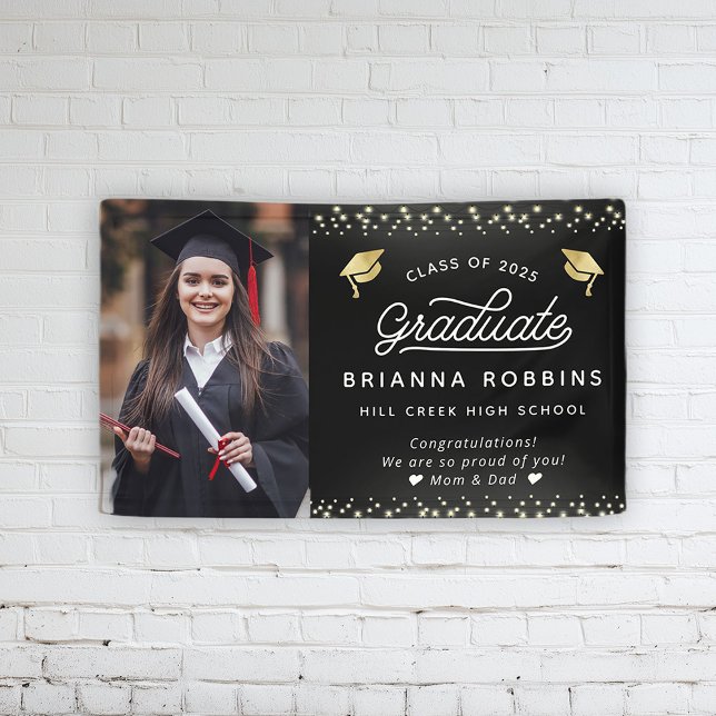 Banderoles Elegant moderne Script Gold Graduation Photo Black (Créateur téléchargé)