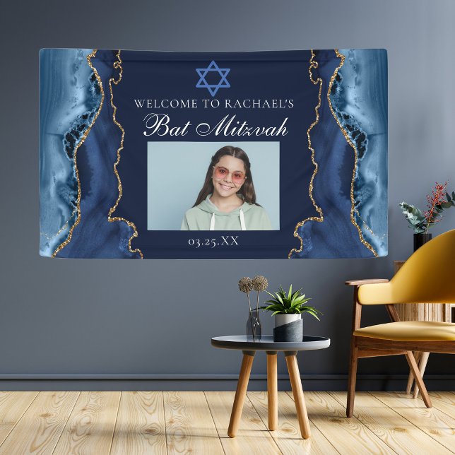 Banderoles Elegant Navy Blue Gold Photo Bat mitzvah Party (Créateur téléchargé)
