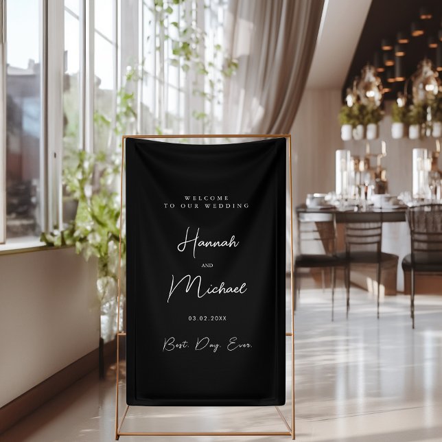 Banderoles Élégant, noir, Mariage minimal ("Welcome & Best Day Ever" Elegant, Black, Minimal Wedding Banner with your name & Date.)