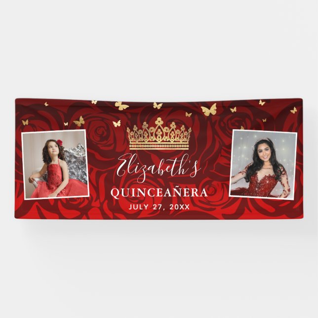 Banderoles Elégant Noir Rouge Rose Or Anniversaire Quinceaner (Horizontal)