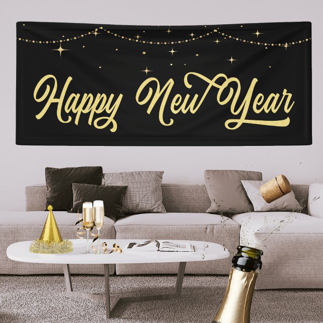 Banderoles Elégant or Bonne année (Happy New Year Banner. Celebrate the New Year with a party, Photo Backdrop. Gold Black Elegant)