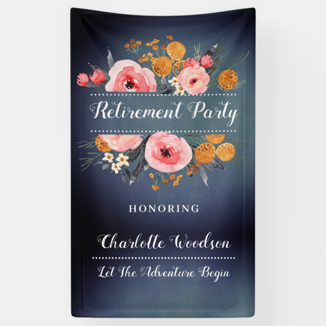 Banderoles Élégant parti de retraite floral bleu (Vertical)