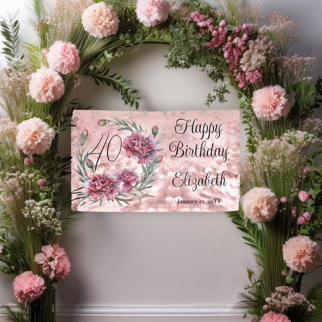 Banderoles Elegant Pink Carnations 40th Birthday Party  (Elegant Pink and Mauve Carnations 40th Birthday Party 3 ft x 5 ft Banner)