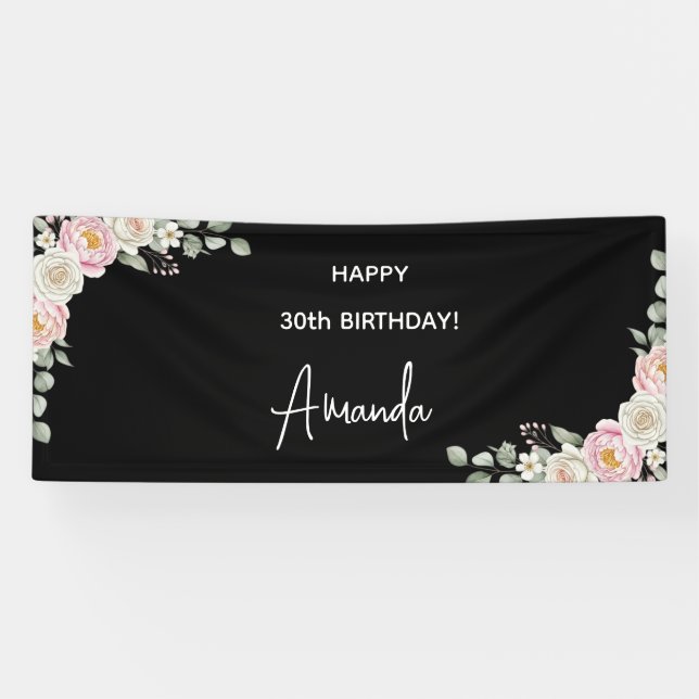 Banderoles Elegant Pink Floral Personalized Birthday Banner (Horizontal)