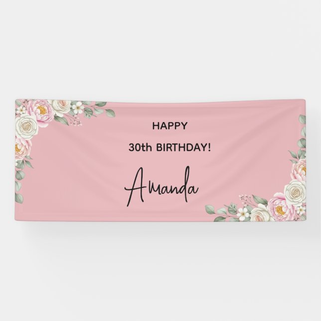 Banderoles Elegant Pink Floral Personalized Birthday Banner (Horizontal)