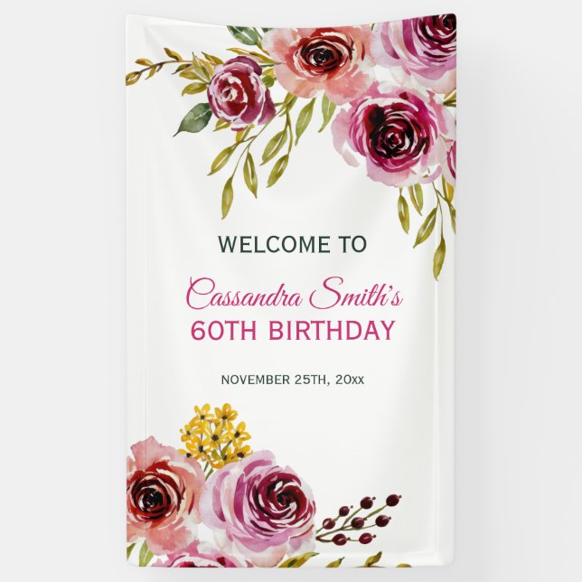 Banderoles Elégant Purple Bourgogne Rose Floral Anniversaire (Vertical)