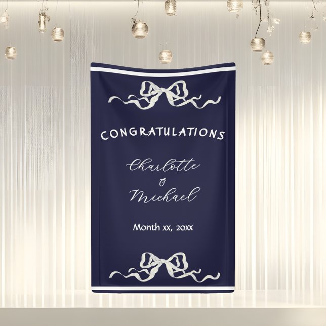 Banderoles Elegant Romantic Wedding Navy Bow Congratulations  (Elegant Ribbon Romantic Wedding Congratulations Banner)