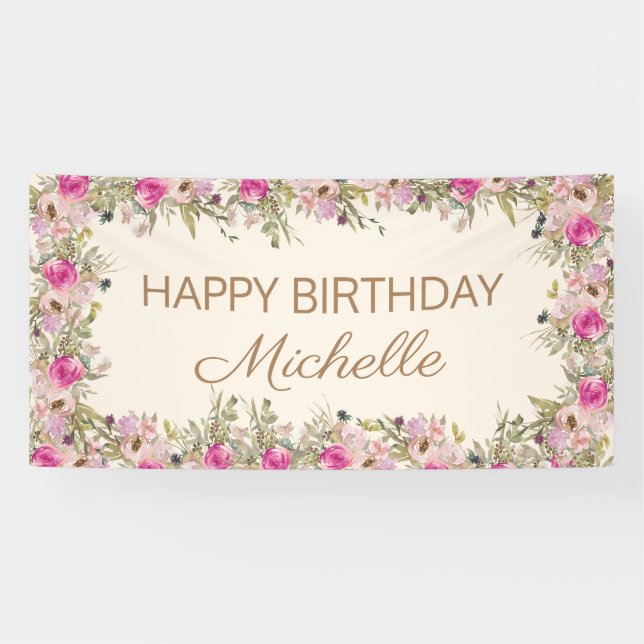 Banderoles Elégant rose Aquarelle Floral Joyeux Anniversaire (Horizontal)