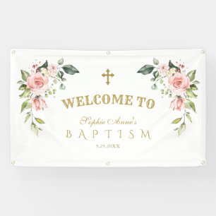 Banderoles Élégant rose Fleurs de Baptême Affiche de bienvenu