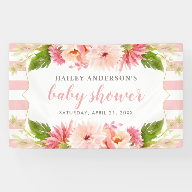 Banderoles Elégant rose Floral Aquarelle bébé fille Douche (Horizontal)