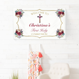 Banderoles Élégant Rose Floral Gold First Holy Communion