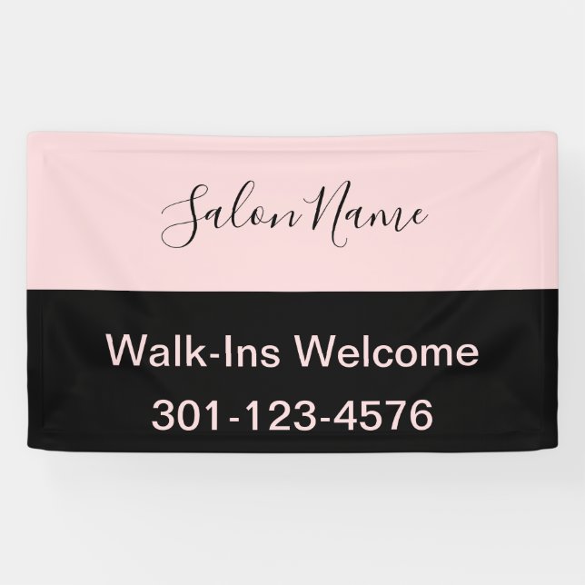 Banderoles Élégant rose pâle et noir Script nom du salon (Horizontal)