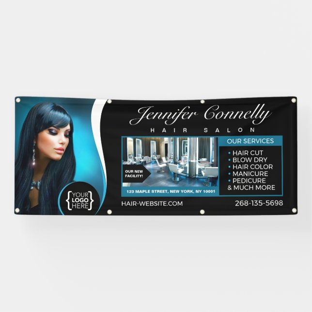 Banderoles Elégant salon de coiffure noire, salon de beauté (Horizontal)