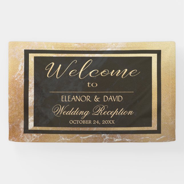 Banderoles Élégant script mariage en marbre noir or de luxe (Horizontal)