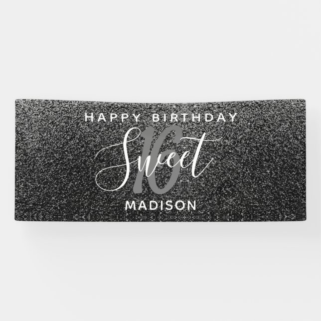 Banderoles Élégant Sweet 16 Black Silver Faux Parties scintil (Horizontal)