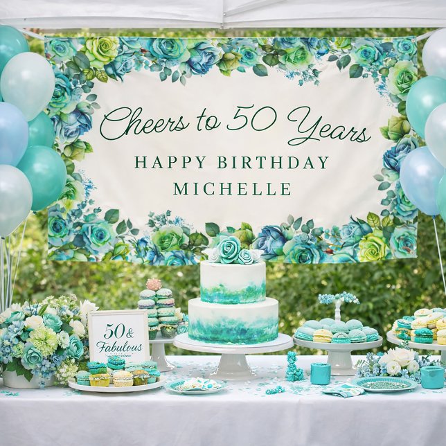 Banderoles Elegant Teal Green Floral Cheers to 50 Birthday (Teal floral 50th birthday banner)