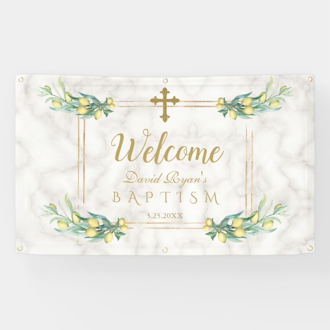 Banderoles Élégante Affiche de bienvenue de Baptême en marbre (Horizontal)