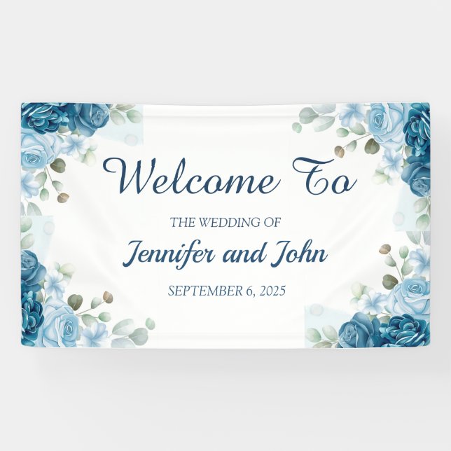 Banderoles Elégante aquarelle bleu Rose Mariage floral (Horizontal)