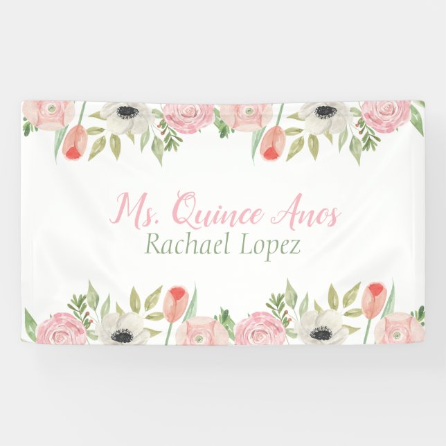 Banderoles Elégante aquarelle rose et blanc Floral (Horizontal)