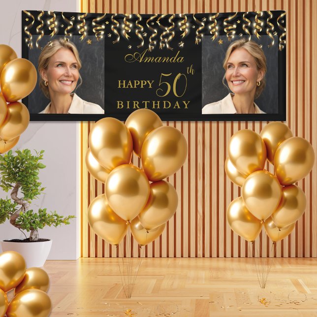Banderoles Elégante Black & Gold Surprise Anniversaire Photo (Créateur téléchargé)