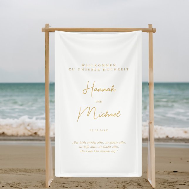 Banderoles Elegante, blanche, "Bienvenue à notre mariage" (Elegant, White, Minimal Wedding "Welcome Banner" with your name, date & place for personal words.)