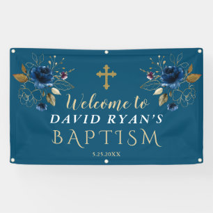 Banderoles Elégante Blue Gold Flowers Baptême Affiche de bien