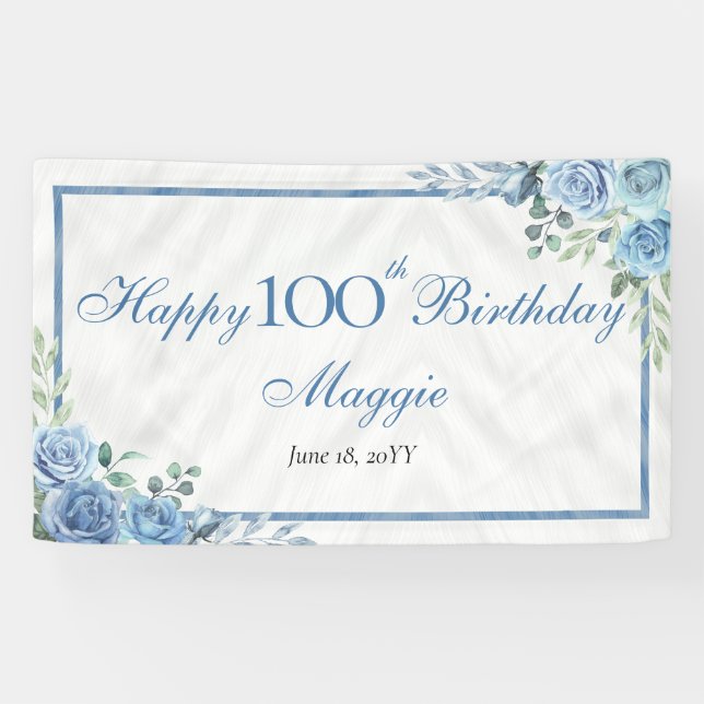 Banderoles Elégante Blue Rose Floral 100e fête d'anniversaire (Horizontal)