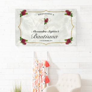 Banderoles Elegante Cruz Dorada Rosas Rojas Niñas Bautismo