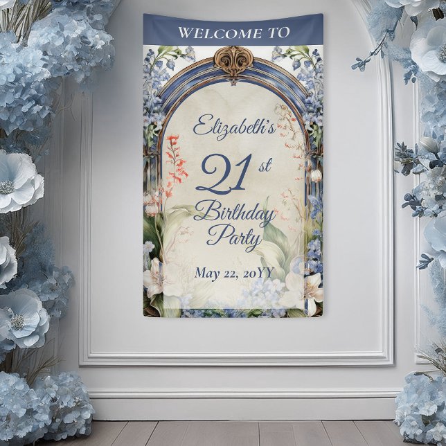 Banderoles Élégante Fête de 21e Anniversaire baroque (Elegant Baroque Floral Frame 21st Birthday Party Vertical Banner)