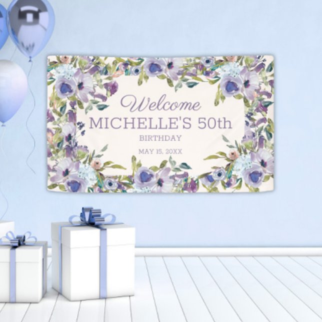 Banderoles Elégante Lilac Purple Floral Verdure 50e Anniversa (Dusty blue and purple watercolor floral 50th birthday party banner)