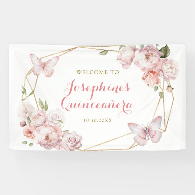 Banderoles Elégante or rose floral fille Quinceañera Grande (Horizontal)